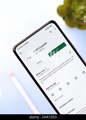 West Bangal, India - December 05, 2021 : Amazon Web Services logo on phone screen stock image. Stock Photo