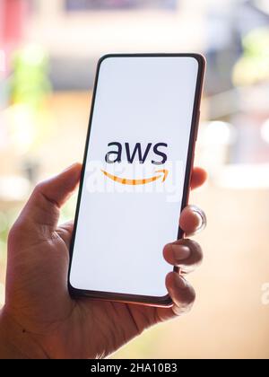 West Bangal, India - December 05, 2021 : Amazon Web Services logo on phone screen stock image. Stock Photo