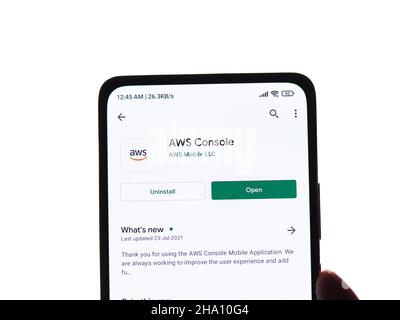 West Bangal, India - December 05, 2021 : Amazon Web Services logo on phone screen stock image. Stock Photo