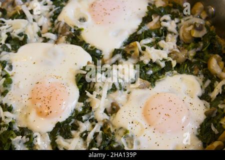 Image of a recipe for fried eggs with spinach and spices rich in iron Stock Photo