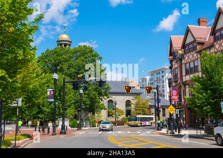 Historic Adams Building at 1354 Hancock Street with United First Parish Church in historic city center of Quincy, Massachusetts MA, USA. Stock Photo