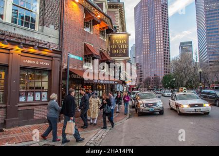 'Ben Franklin' greets visitors to The Old Union Oyster House in Boston, MA. Stock Photo