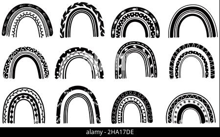 Set of Rainbows in Black white colors. Boho Rainbows perfect for kids, posters, bags, postcards, t-shirts, prints, and more. Scandinavian style. Cute vector icons. Stock Vector