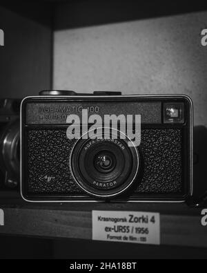 BUCHAREST, ROMANIA - Aug 25, 2021: A closeup of an old film camera Zarki 4 Stock Photo
