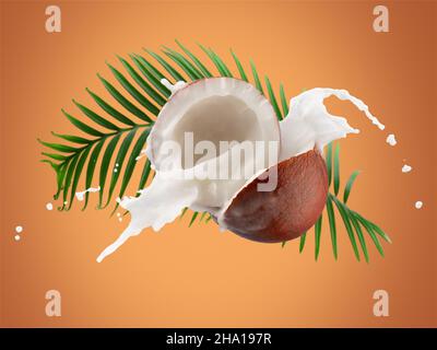 coconuts with milk splash and green leaves on a yellow background. Stock Photo