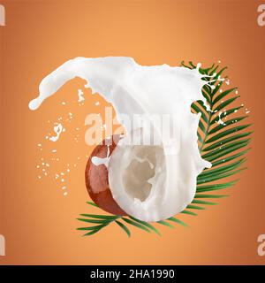 coconuts with milk splash and green leaves on a yellow background. Stock Photo