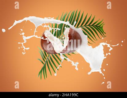 coconuts with milk splash and green leaves on a yellow background. Stock Photo