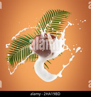coconuts with milk splash and green leaves on a yellow background. Stock Photo