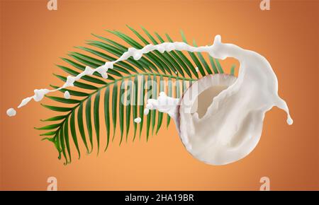 coconuts with milk splash and green leaves on a yellow background. Stock Photo
