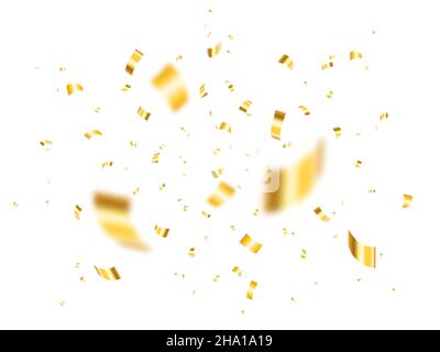 Gold confetti burst isolated on white background. Defocused confetti pieces and particles. Realistic anniversary concept. Vector Stock Vector