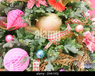 Extreme Close Up of Decorations on Christmas Tree Stock Photo