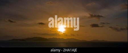 Panoramic view sunset over Praslin Seychelles Stock Photo