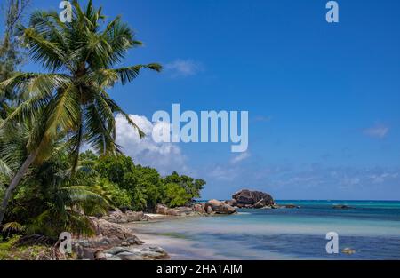Rugged coastline Anse Bateau south coast Praslin Seychelles Stock Photo