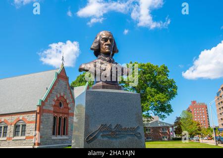 John Hancock bust in front of Quincy Historical Society located in Adams Academy building at 8 Adams Street at Hancock Street in historic city center Stock Photo