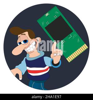 Man with a cheeky smile and big nose pointing at microchip round sticker label Stock Vector