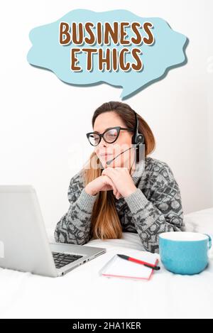 Inspiration showing sign Business Ethics. Business showcase Moral principles that guide the way a business behaves Callcenter Agent Working From Home Stock Photo