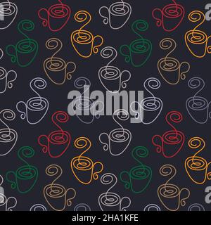 colorful Abstract Seamless pattern of multicolored cups in a minimalistic line art style in one continuous line on dark background. Repeating texture for design of wrapping paper, napkins, menus, fabrics. Vector graphics. Vector illustration. Stock Vector