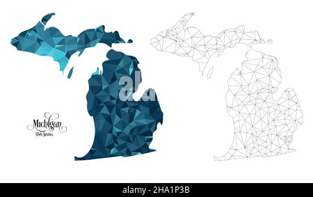 Low Poly Map of Michigan State (USA). Polygonal Shape Vector Illustration on White Background. States of America Territory. Stock Vector