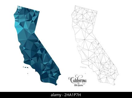 Low Poly Map of California State (USA). Polygonal Shape Vector Illustration on White Background. States of America Territory. Stock Vector
