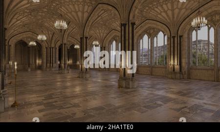 3D illustration fantasy medieval great hall in the castle Stock Photo -  Alamy