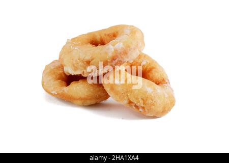 three fried donuts isolated on a white background. Stock Photo