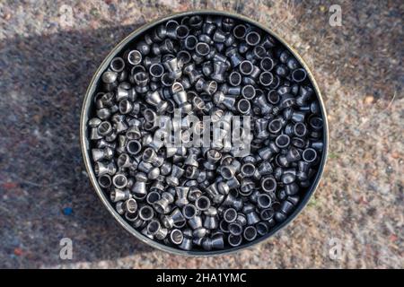 Top view on air gun pellets for training in box Stock Photo