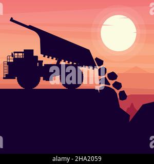 mining truck heavy machinery unloading materials in a mine with sunset background Stock Vector