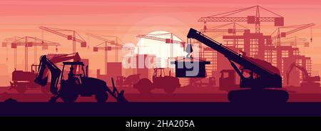 Panoramic view of heavy machinery of backhoe, soil compactor, wheel excavator, concrete truck, hammer excavator and telescopic crane for building cons Stock Vector