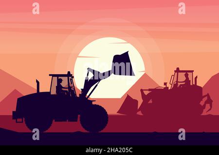 operators working with heavy machinery of track loader and front loader with a sunset in the background Stock Vector