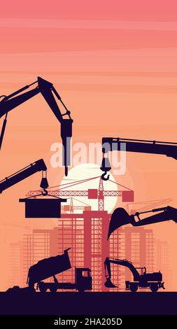 Background for mobile with heavy machinery of truck and excavator on wheels in construction of a building and sunset background Stock Vector