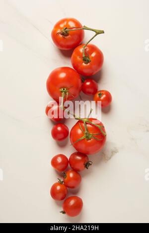 vegetable concept various sizes of several red tomatoes being organized on the white background. Stock Photo