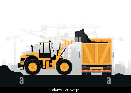 Background of heavy machinery in construction work with front loader and truck with rear view on gray background Stock Vector