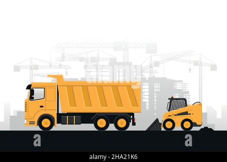 Background construction work with heavy machinery of skid steers and trucks on gray background Stock Vector