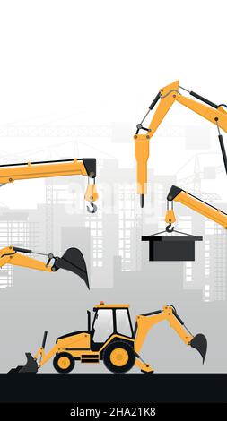 Background for mobile with yellow heavy machinery of backhoe and telescopic crane with buildings under construction on gray background Stock Vector