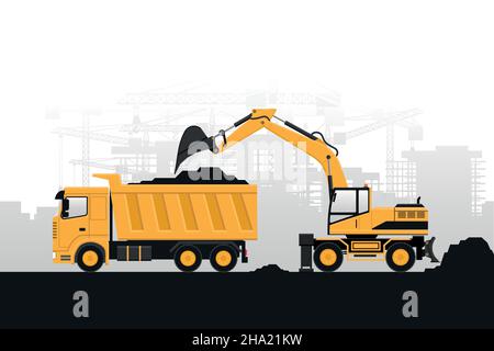 Background of heavy machinery of wheeled excavator filling with construction materials a truck on gray background Stock Vector