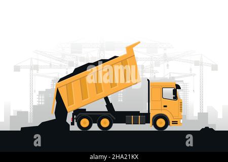 Fondo de maquinaria pesada con camiones de descarga de materiales para trabajos de construcción. Stock Vector