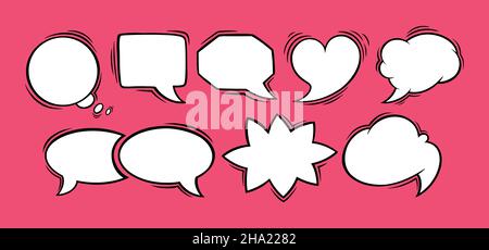 Speech bubbles in oval, rectangular, heart and star shapes. Set of speech boxes isolated in red background. Handdrawn vector illustration Stock Vector