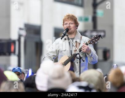 New York, NY - December 9, 2021: Ed Sheeran performing live on TODAY show at NBC on Rockefeller Center Stock Photo