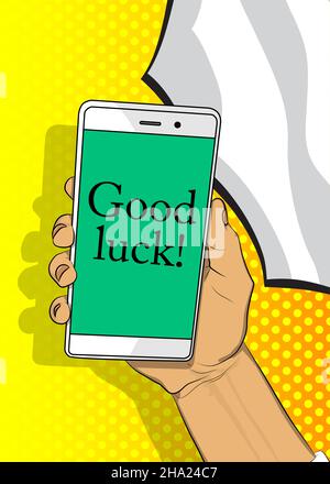 Good luck. Wishing success text on Smartphone screen. Cartoon vector illustrated mobile phone. Stock Vector