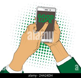 Good luck. Wishing success text on Smartphone screen. Cartoon vector illustrated mobile phone. Stock Vector