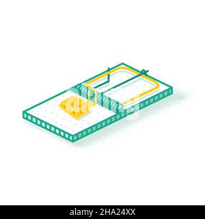 Isometric Mouse Trap with Small Piece of Cheese. Vector Illustration. Outline Icon Isolated on White. Empty Snare. Stock Vector