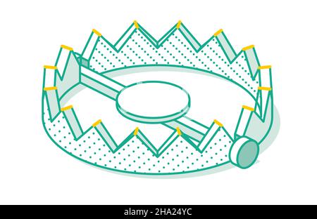 Isometric Outline Bear Trap. Vector Illustration. Isolated on White Background. Stock Vector