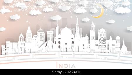 India City Skyline in Paper Cut Style with White Buildings, Moon and Neon Garland. Vector Illustration. Travel and Tourism Concept. India Cityscape wi Stock Vector