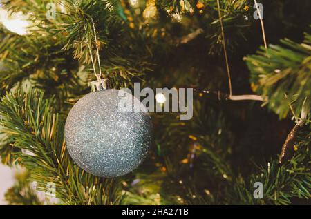 balls decorated with Christmas tree decorations. New year and Christmas festivals. Copy space background. Stock Photo
