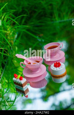 Tea party for dolls, plastic toys picnic, grass and sky Stock Photo