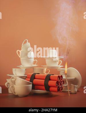 Dynamite in a stack of porcelain cups, conceptual still life with an explosion Stock Photo