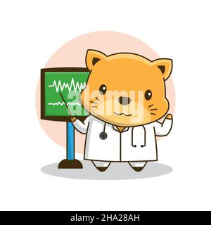 Cute Little Doctor Cat Heart Monitor Cartoon Friendly Children Health Stock Vector