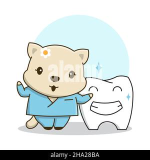 Cute Little Doctor Dentist Cat Clean Tooth Cartoon Friendly Dental Care Stock Vector