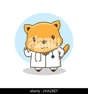Cute Little Doctor Cat Waving Hand Cartoon Friendly Children Health Stock Vector
