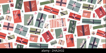 Seamless holiday pattern with hygge gift boxes with ribbons and branches decorations on white background. Vector wallpaper with presents top view in p Stock Vector